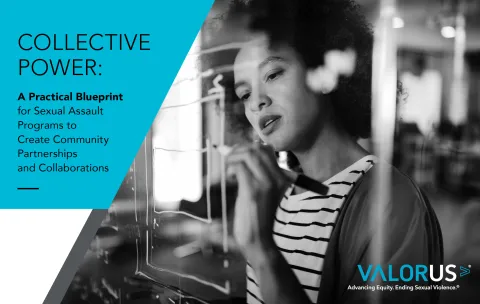 Gray scale image with Woman writing on clear board with VALOR Logo