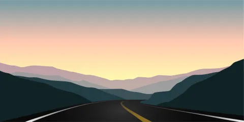 Ilustration of a panoramic view of a road curving that fades into mountains at sunset