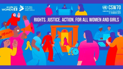 Colorful image of people with the words Rights. Justice. Action. For all women and girls