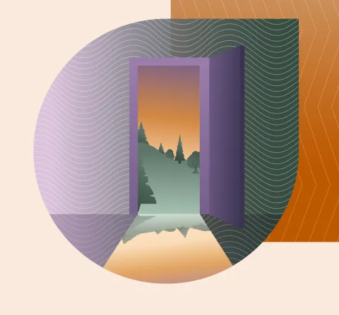 Illustration of a door opening to a tree covered hill at sunset