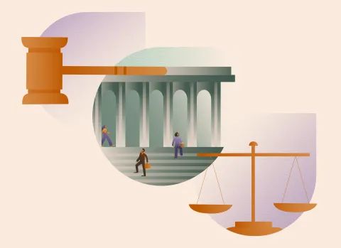 Illustration of a gavel, courthouse steps, and scales of justice
