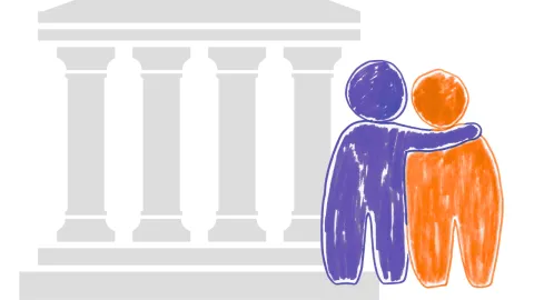 figure with its arm around another figure in support at court